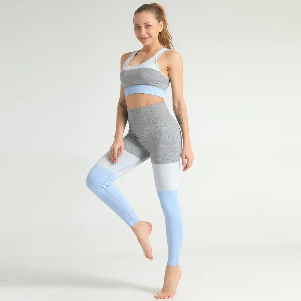 Free Shipping Knitted seamless sports suit contrast color stitching yoga pants fitness bra tights GMY clothing for women |