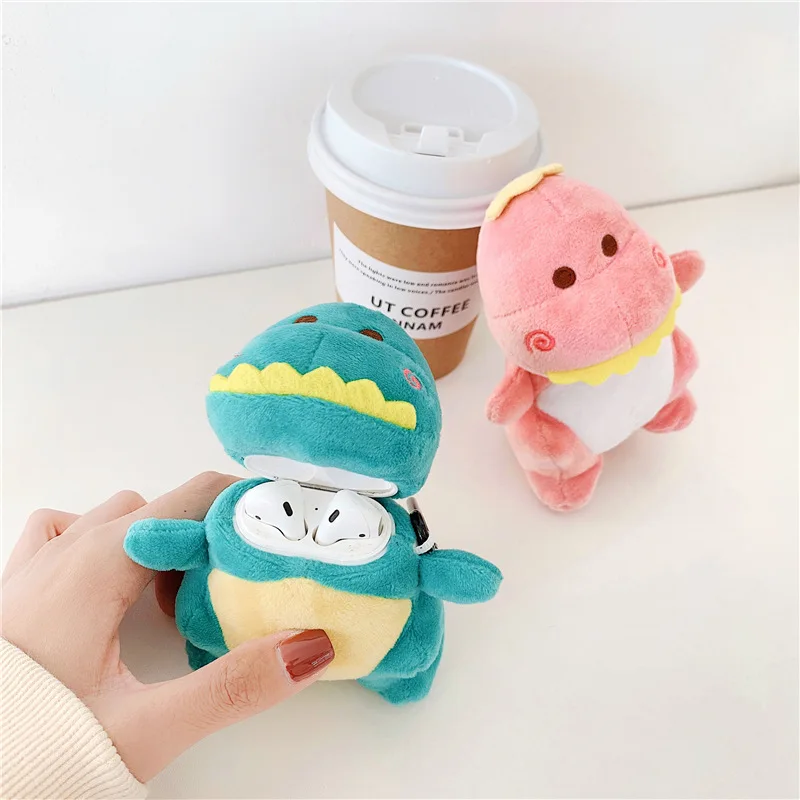 

Чехол для Airpods 2, зеленый и розовый чехол с 3D динозавром для AirPods 1, 2, мягкий плюшевый беспроводной Bluetooth-наушник, защитный чехол, чехол