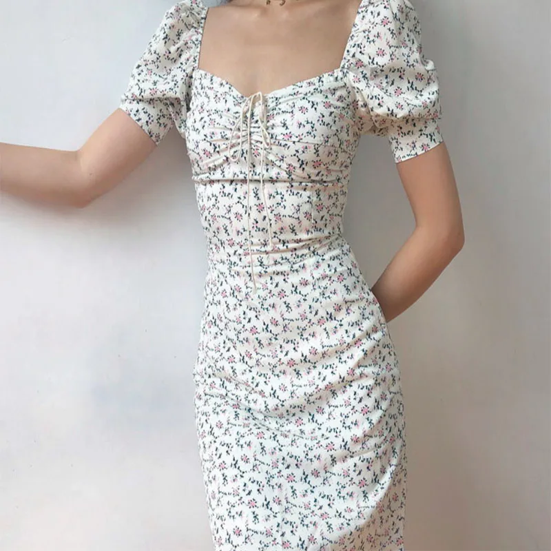 

European American Dress Women Retro Square Neck Drawstring Tie Puff Sleeve Waist Slimming Gentle Foral Dress