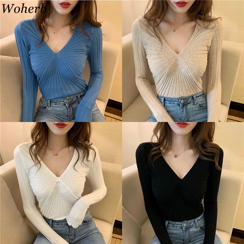 Woherb Pull Femme v-образный вырез длинный рукав тонкий пуловер сплошной цвет сексуальный тонкий корейский женский свитер модные новые осенние Джемперы 90917