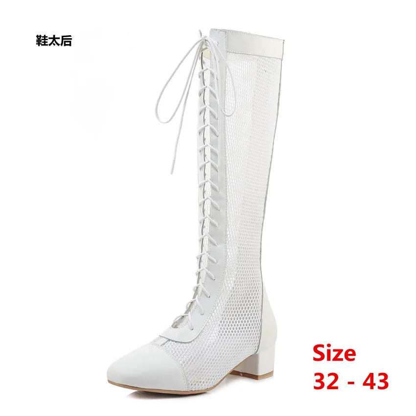 Летние женские сапоги до колена на среднем каблуке пикантная женская обувь