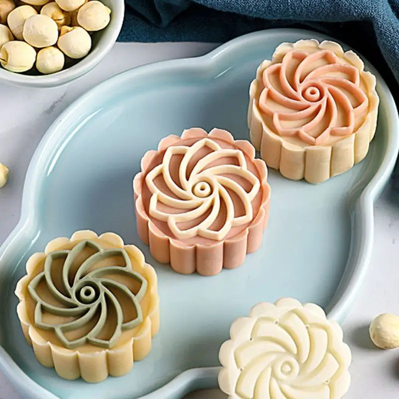 

50g Mooncake Mold 4pcs Line Flower Stamps Hand Press Moon Cake Pastry Mould DIY