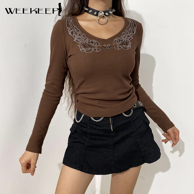 

Weekeep Vintage Diamond Print Knitted Cropped Top Autumn Long Sleeve V Neck Harajuku T-Shirts Women Basic Fashion New Streetwear