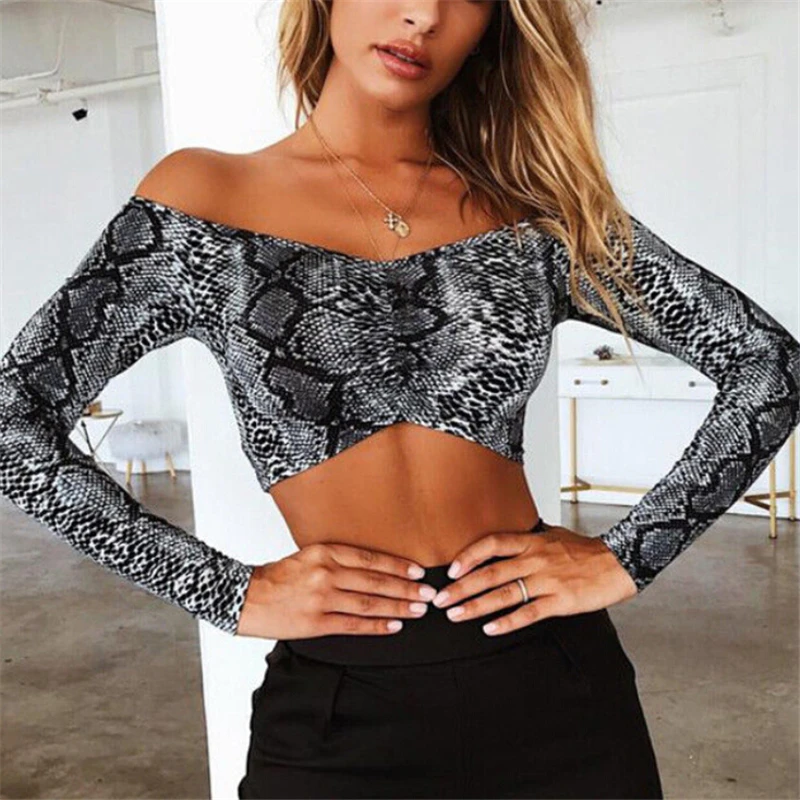 

Women Blouses Snake Skin Top Women Crop Top Off Shoulder Blouse Ladies Blouses And Tops Womens Long Sleeve Tops Slim Blouse