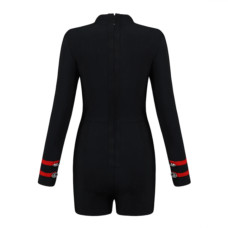 Женский бандажный комбинезон черный с длинным рукавом и пуговицами на лето