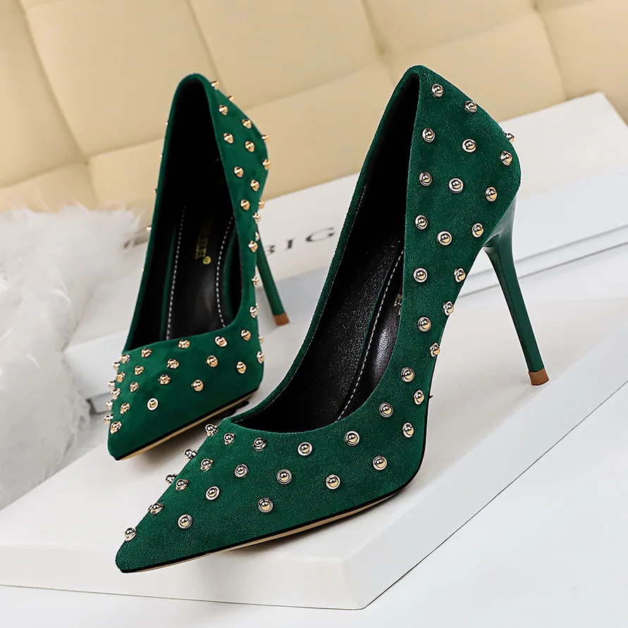 2020 Fashion Women 9cm High Heels Female Stiletto Blue Pumps Lady Elegant Luxury Green Pointy Rivets Scarpins Studded Red | Обувь