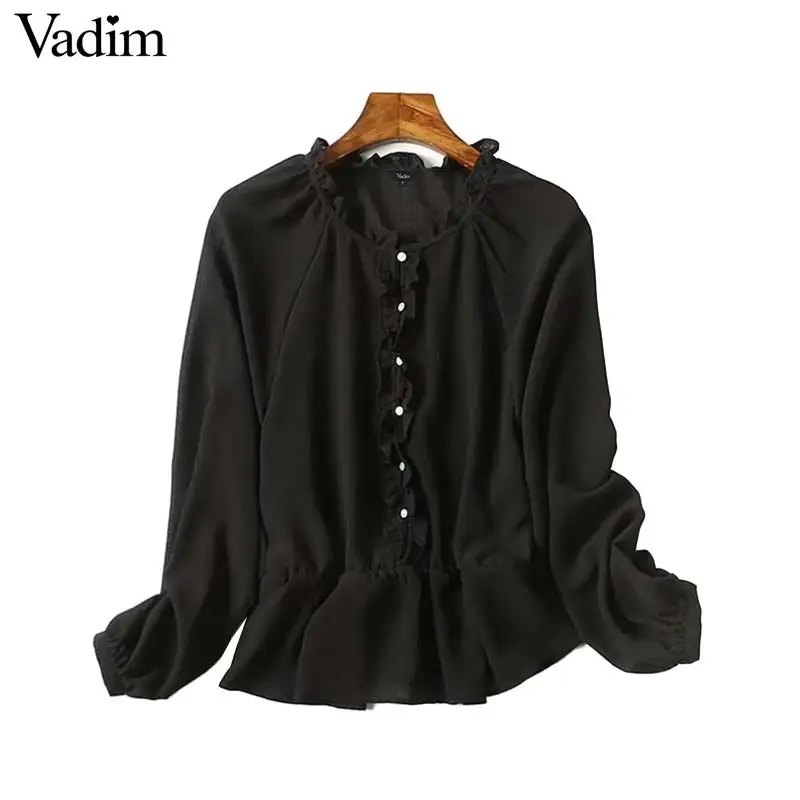 Vadim Женская однотонная шифоновая блузка с оборками длинным рукавом