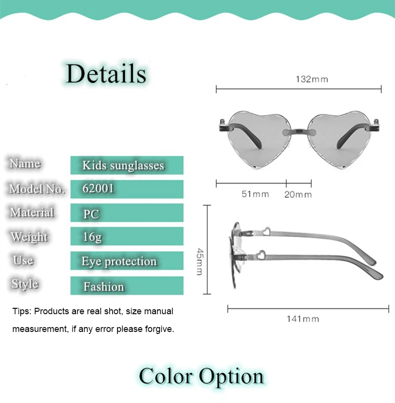 

New multicolored children's sunglasses with gradual gradient and cartoon heart and frameless edge cutting heart