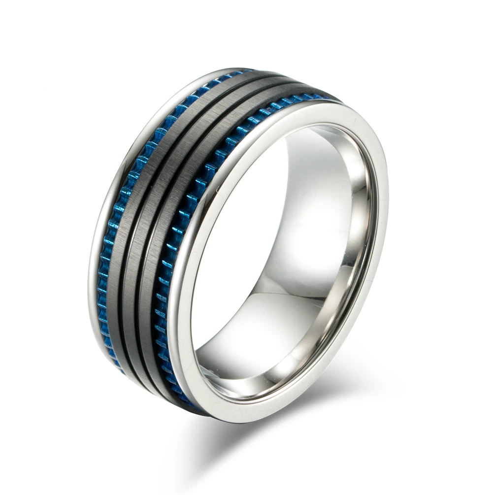 

Simple Titanium Steel Drawing Black Space Blue Tooth Ring Men's Fashion Ring Jewelry Good Quality