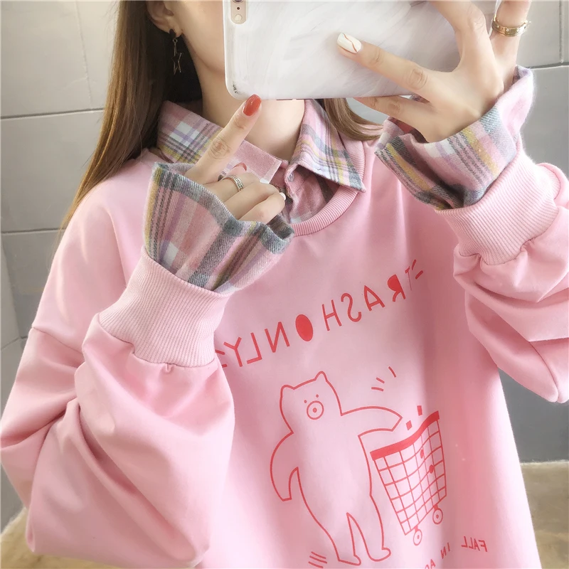 

Autumn Plaid patchwork oversized hoodie korean cartoon Sweatshirt Women Long Sleeve student Casual Fake two Pullovers white tops