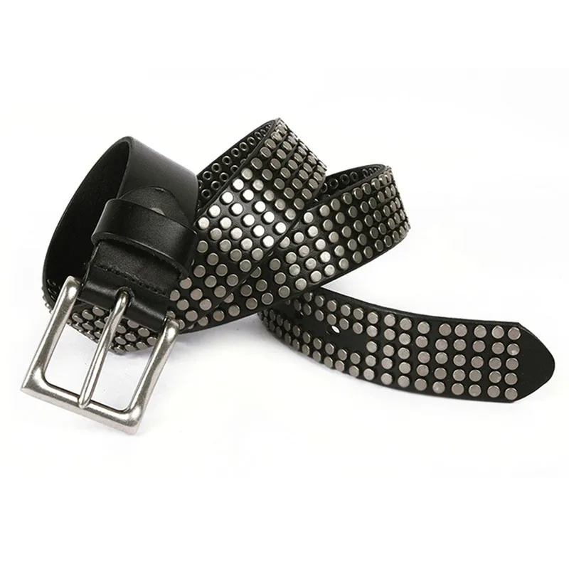 Женский металлический ремень с заклепками и пряжкой из натуральной коровьей