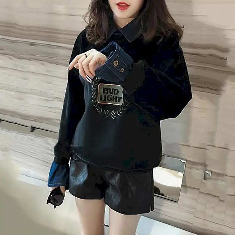 Fashion Gold Velvet Pullover Women Autumn Winter 2021 Korean Large Size Loose Plus Thickening Capless Fake Two-piece Tops | Женская