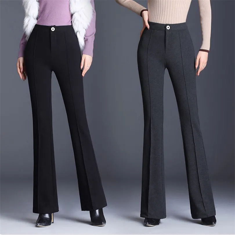 

2022 NEW Autumn Winter High Waist Flare Pants Women Casual Elegant Office Lady Long Pants Female Woolen Blended Trousers Black