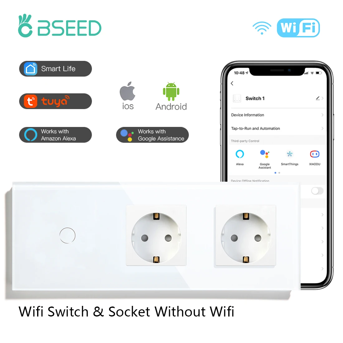

BSEED Wifi Light Switch 1/2/3Gang 1/2/3Way Smart Wall Switch Wireless Google Home Tuya With Double EU Power Outlets Without Wifi