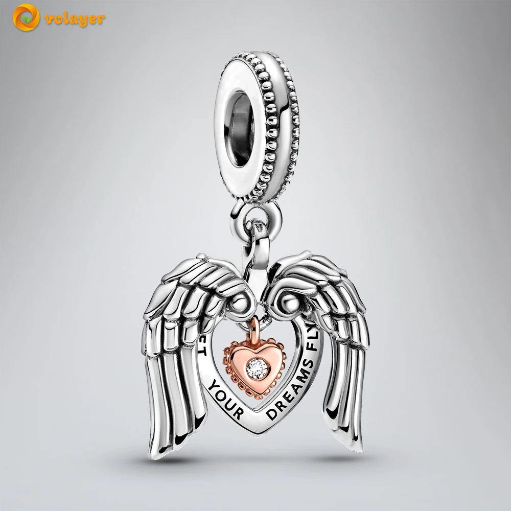 

Volayer 925 Sterling Silver Angel Wings & Heart Dangle Charm fit Original Pandora Bracelets for Women Jewelry Making Gift