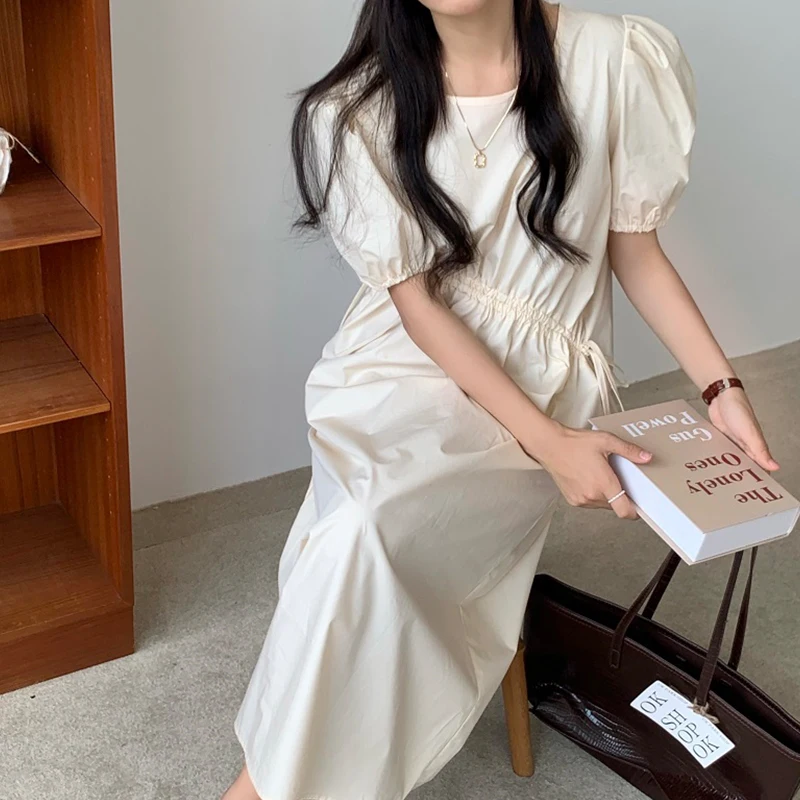 

Drawstring Folds Solid Puff Sleeve Dresses Women Korea Simple Mid-length Dress Ladies Fashion Loose Plus Size Dress Woman's 2021