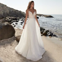elegant a line chiffon sweep train white wedding dress 2021 sexy deep v neck spaghetti straps bridal gowns robe de mari%c3%a9e
