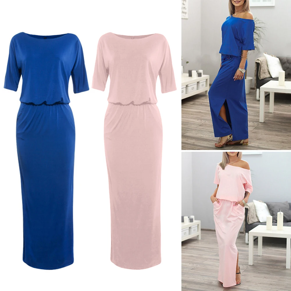 

Women Casual Short Sleeve O Neck Pockets Side Slitting Hem Long Loose Dress Bohemian Sundress Party Vestido