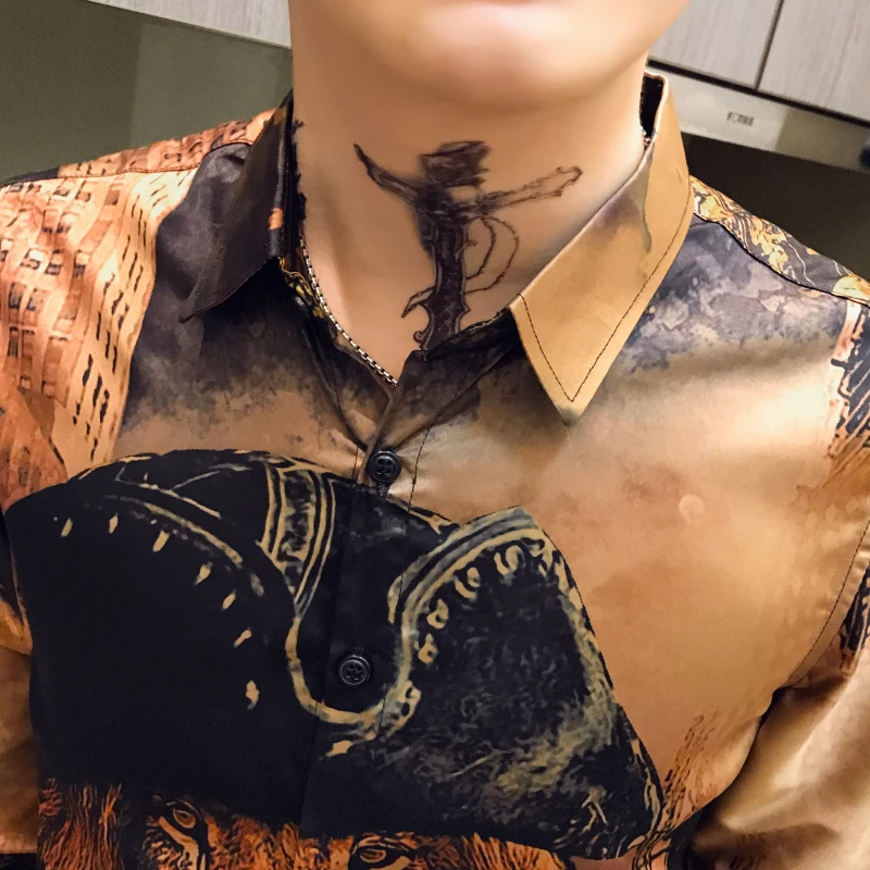 Мужская рубашка с головой льва, DJ Singer Camisa Homem Prom Camisa Masculina, Роскошная золотая рубашка с принтом животных, мужская рубашка с длинными рукавами, вечерние Клубные