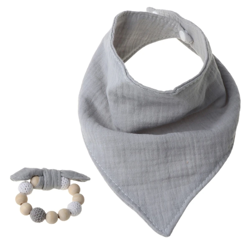 

2Pcs/Set Baby Cotton Bibs Wooden Wristband Teether Soft Saliva Towel Toddler Triangle Scarf Chewing Molar Infant Toys