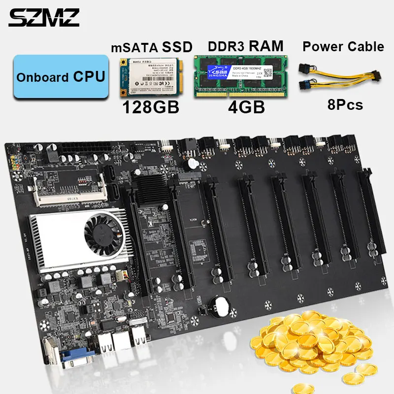 Bestellen SZMZ Riserless 8 Grafiken Bergbau Motherboard Combo Mit Onboard-CPU + 128GB MSTATA SSD + 4GB DDR3 RAM Eth Nicht X99 Bergbau Rig Set