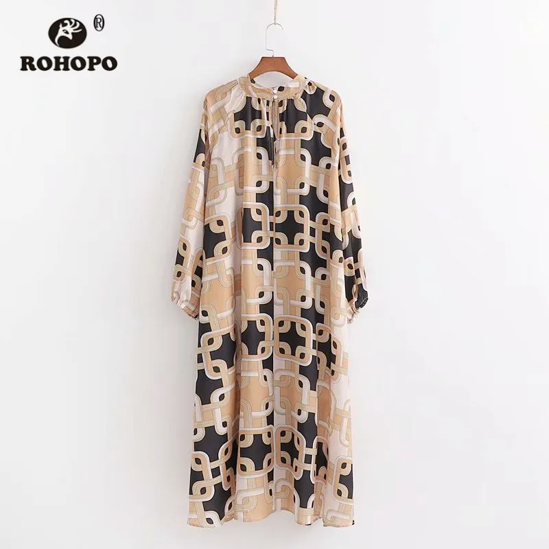 ROHOPO круглый воротник длинный рукав цепочка принт винтажное платье миди топ сзади