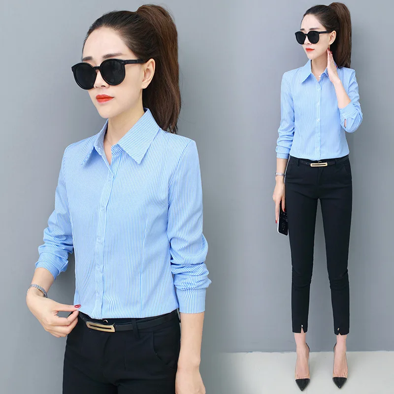 

Новинка весны 2020, женская рубашка в полоску с длинным рукавом и блузки, женский топ с отложным воротником, размера плюс 5XL