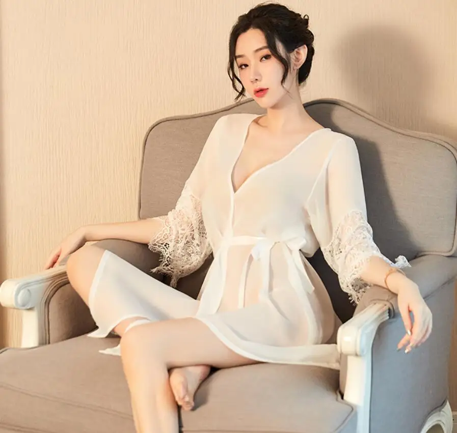 

White Bath Robe See Through Lace Terry Bridesmaid Shower Robes Sexy Womens Lingerie Sleepwear Patchwork Clothing Japanese Kimono