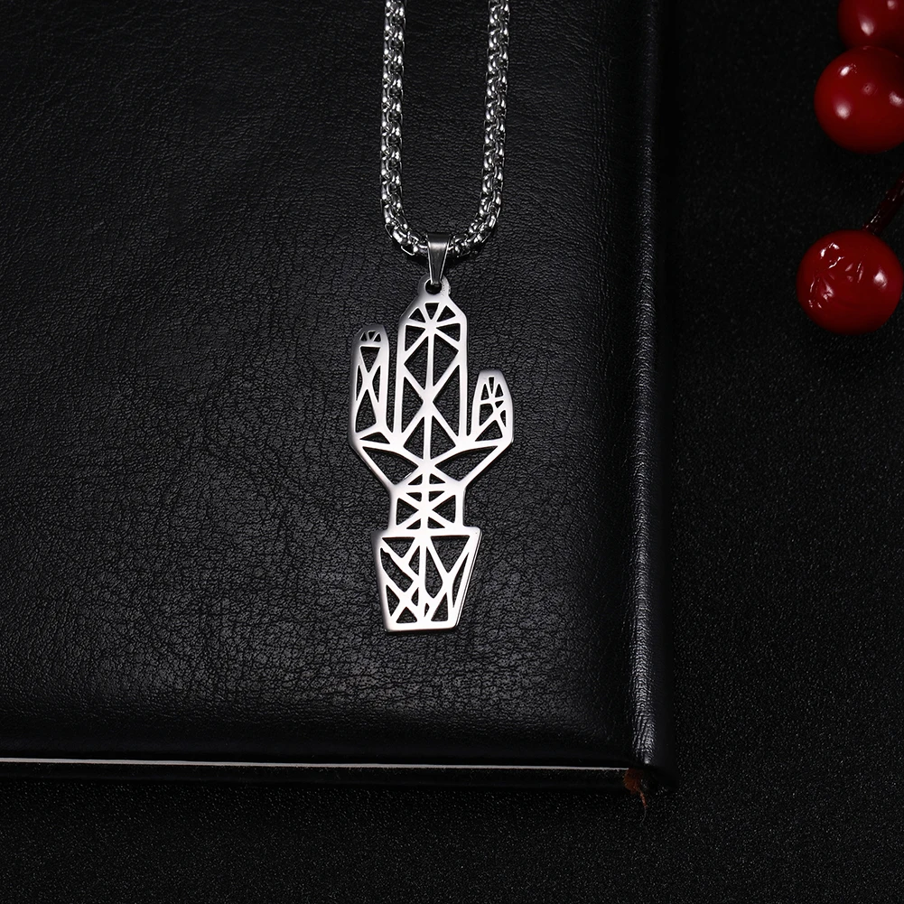 Skyrim Stainless Steel Cutout Cactus Pendant Necklace Simple Statement Long Box Chain Necklaces Jewelry Gift for Women Men | Украшения и