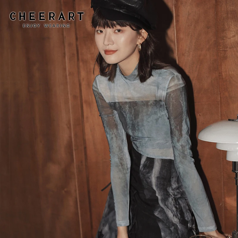 Женская сетчатая водолазка CHEERART прозрачная футболка с длинным рукавом и морским