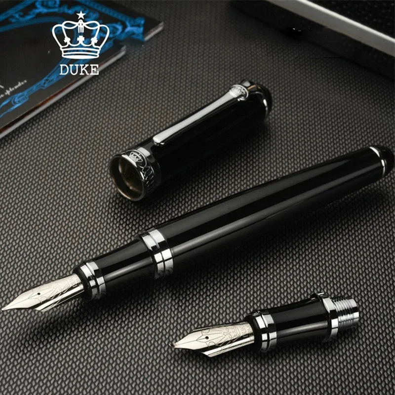 Luxury Brand Duke D2 Fountain Pen Silver Black Clip Calligraphy METAL Gift Bend Double Nib Ink Pen Office Supplies