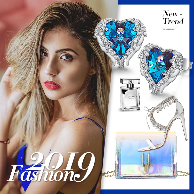 Женские серьги-гвоздики в виде крыльев Cdyle Angel украшенные кристаллами из