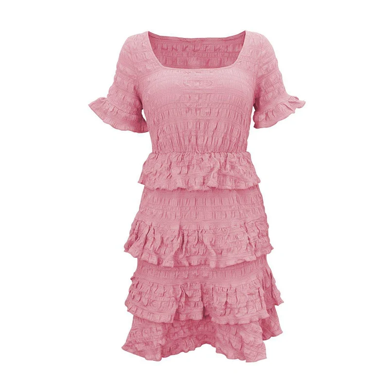 

Summer Dresses for Women Party Collar Retro Solid Color Cake Skirt