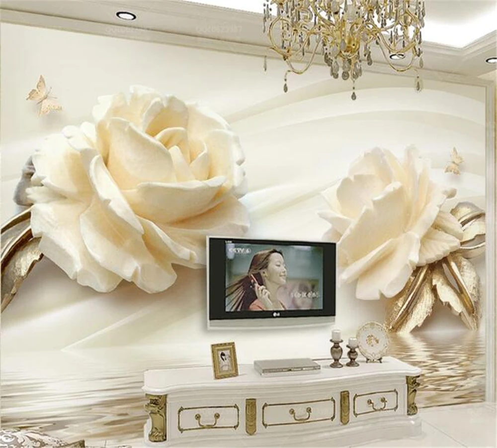 

beibehang Custom wallpaper mural photo champagne 3d stereo rose water wave reflection TV background wall papel de parede