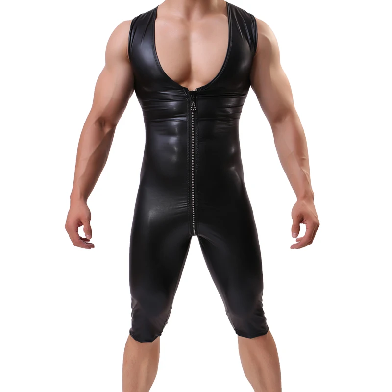 Боди мужское кожаное на молнии спереди соблазнительное нижнее белье для сцены