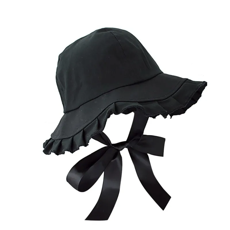 Women Hat Ladies Fashion Summer Women Sun Hat Bucket Hat Cute Lovely Solid Bow Lace Up Ruffle Hat