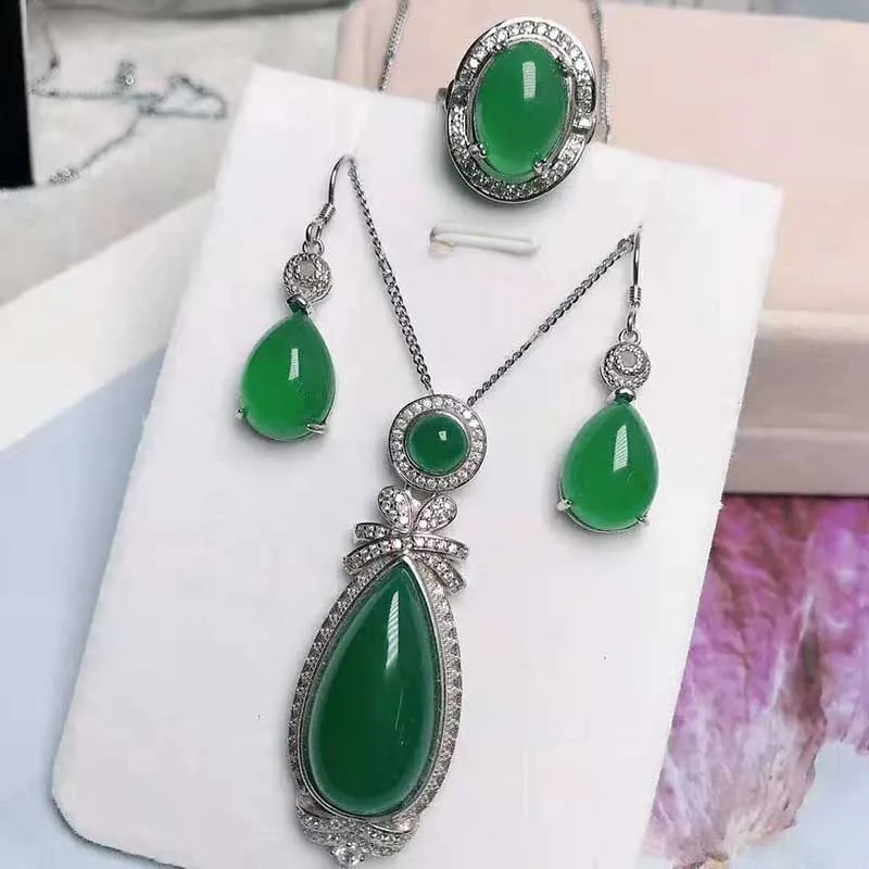 Натуральный ледяной нефрит инкрустированный 925 серебряные ювелирные изделия