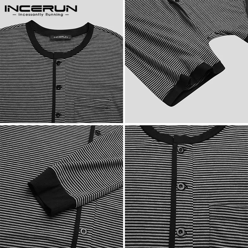 

Men's Pajamas Rompers Striped Button O Neck Long Sleeve Playsuits Cozy Leisure Fitness Men Nightwear Jumpsuits Homewear INCERUN