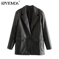 kpytomoa women 2021 fashion faux leather pockets loose blazer coat vintage long sleeve back vents female outerwear chic tops