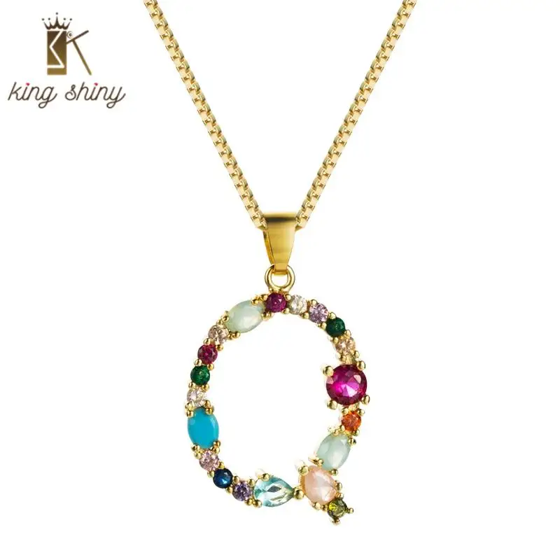 

Rainbow Color 26 Letters Statement Copper Necklace for Woman Luxury Multi Color Cubic Zircionia Pendat Collar Necklace for Girls