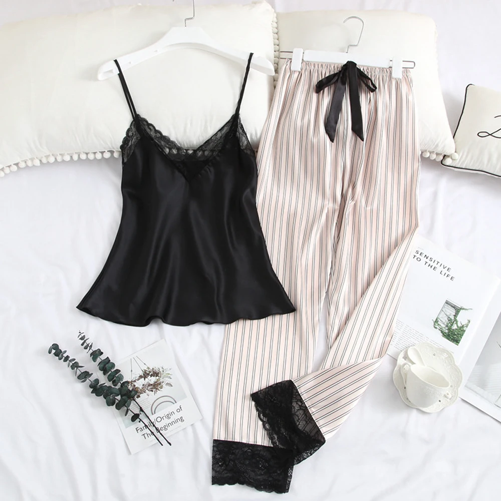 

Пикантная кружевная атласная пижама в полоску с V-образным вырезом и подтяжками, брюки, костюм для домашнего использования, свободная модна...