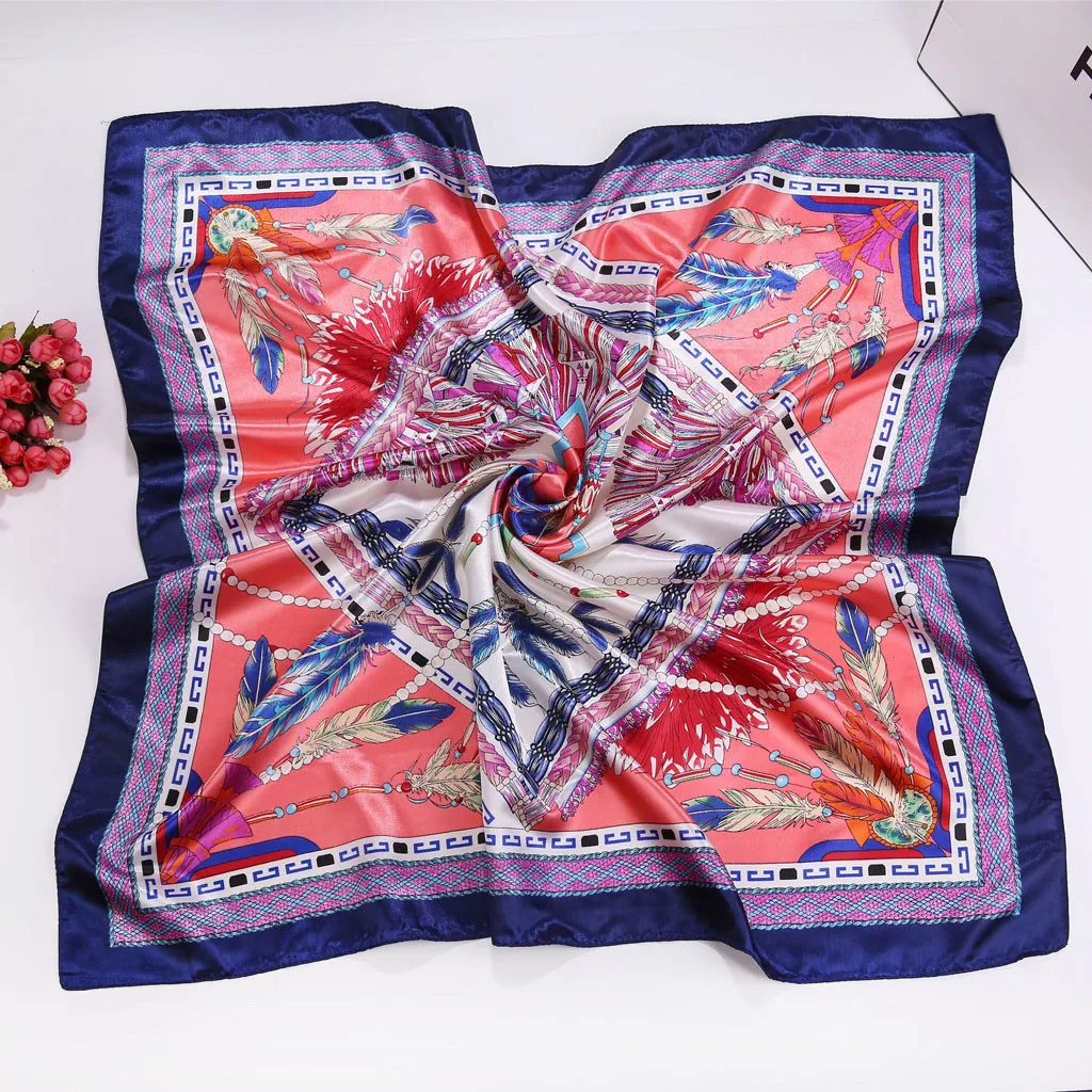 Шелковые шарфы для женщин с принтом перьев атласные хиджаб квадратной головкой