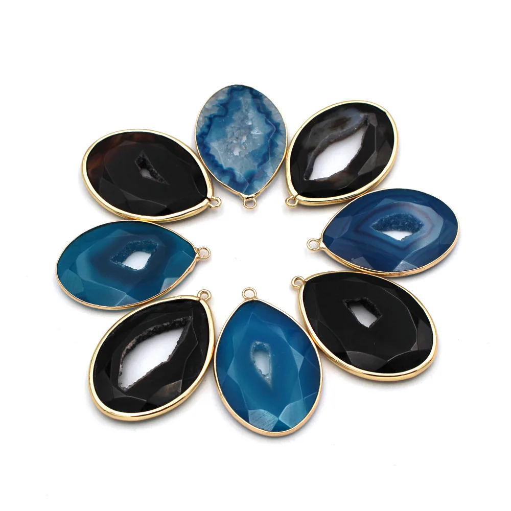 

6pcs Natural Stone Pendant Polished Black Blue Agates Geode Quartz Crystal Cluster Druzy Charms for DIY Jewelry Making