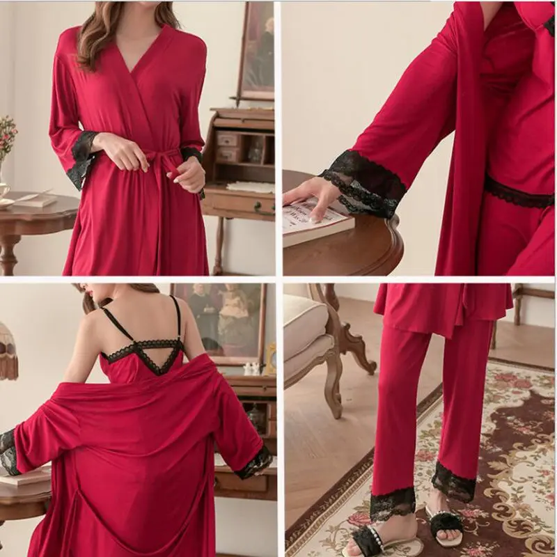 

Spring Summer Women's Sexy Three-Pieces Modal Night Robe Spaghetti Strap Pajamas Sets Full Sleeves Bathrobe Lace Silk Sleepwear