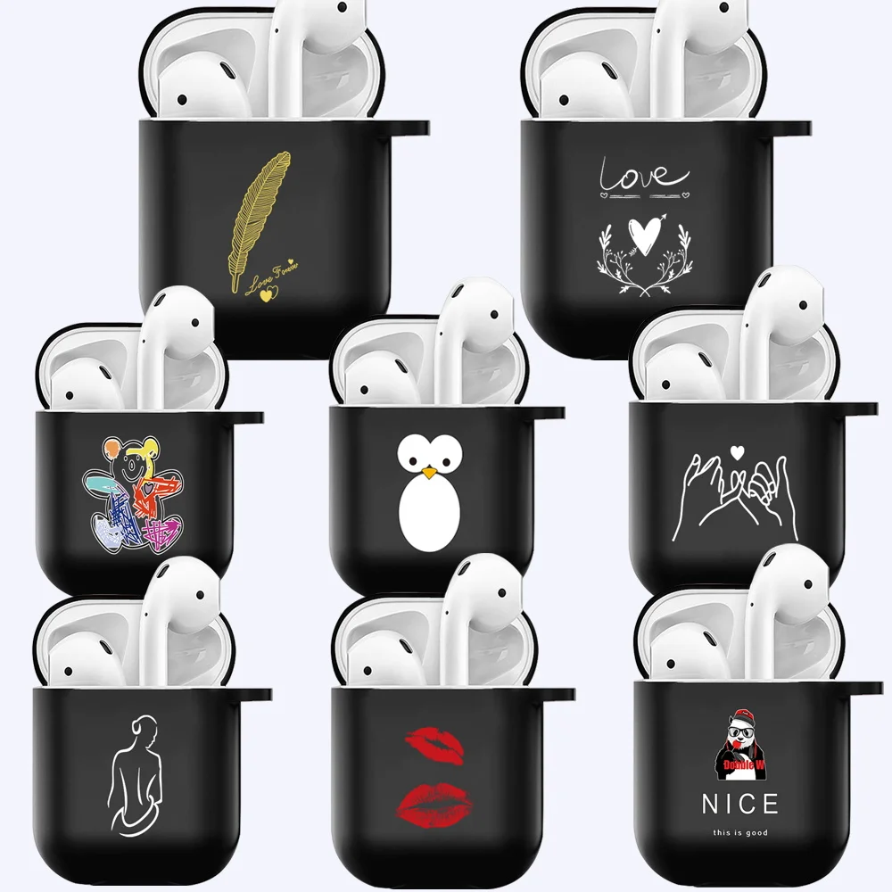 

Case For Apple AirPods 1st/2nd Gen Printing Black Silicone Bluetooth Protective Earphone Cover Charger Shockproof Earpod box