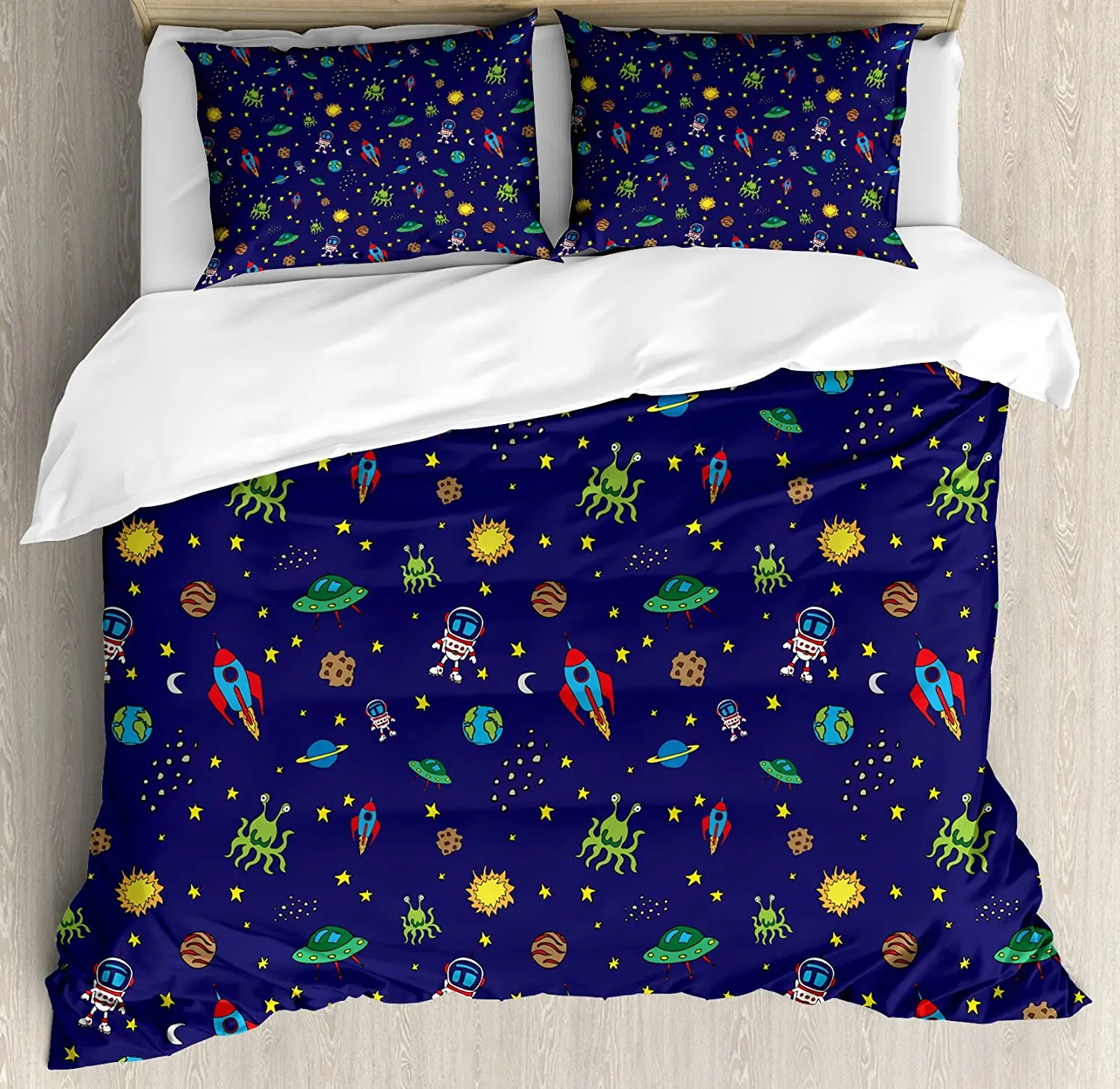

Space Duvet Cover Set Doodle Style Cartoon Rocket Astronaut and UFO Alien Life Forms Earth Heavenly Bodies Bedding Set for Home