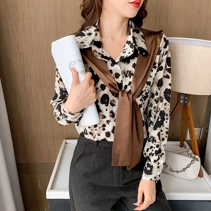 

Chiffon Women's Blouse Print Polo Shirt Spring Autumn Long Sleeve Top Casual Fashion Clothing Houthion