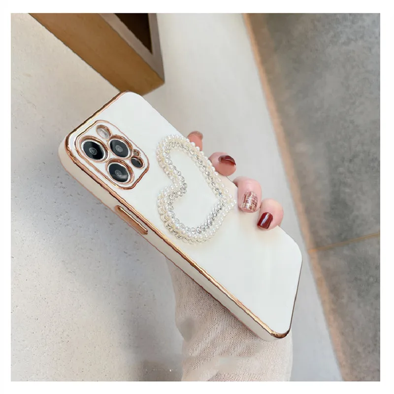 

12 Pro Max Case Luxury Glitter Pearl Diamond Heart Gold Plated Cover for iPhone 11 Pro Max XR X XS 7 8 Plus SE 2020 12 Cases