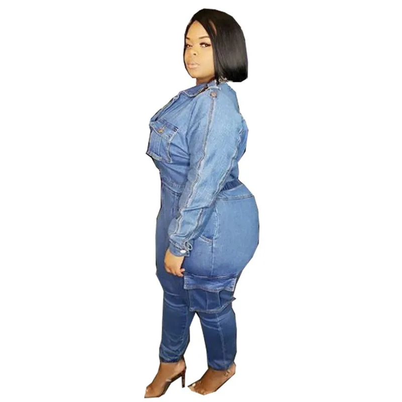 

Fat Ladies Vintage Blue Slim Pencil Long Jumpsuit Safari Style Women Turn-down Collar Long Sleeve Pocket Bodysuit