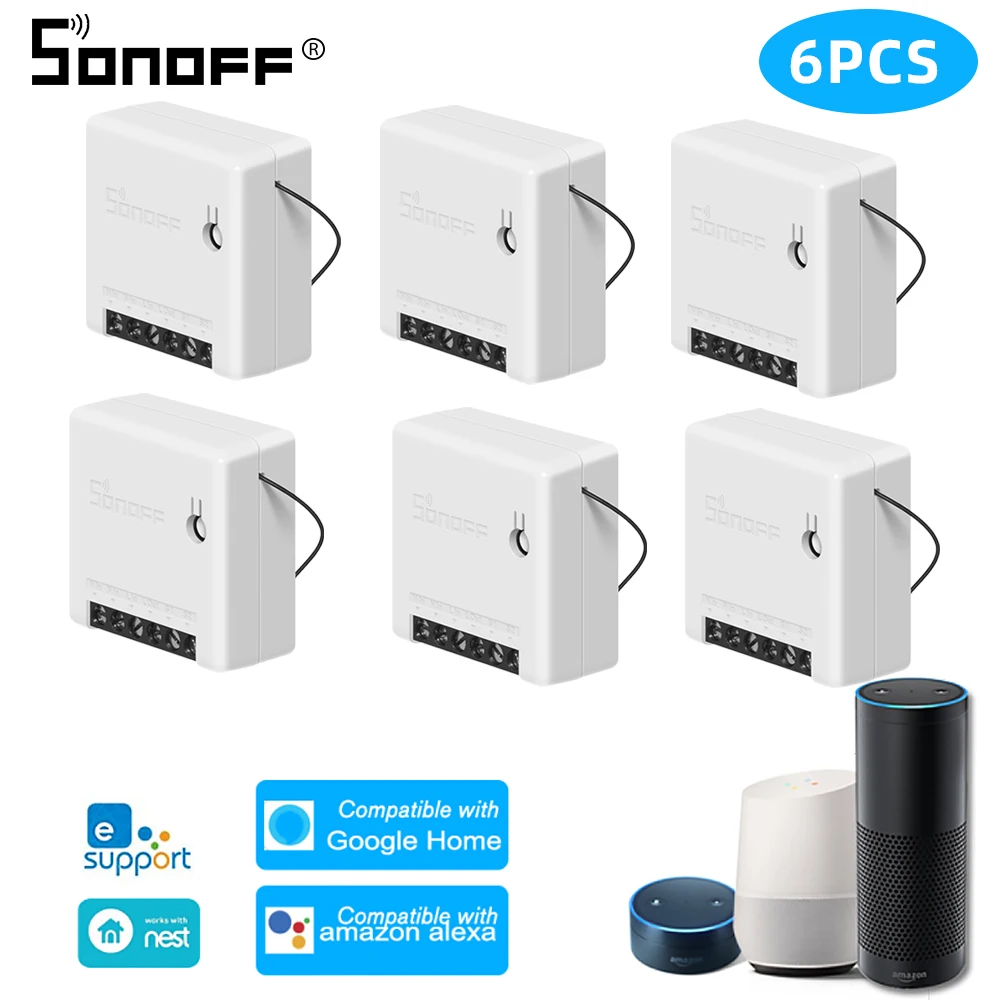 6pcs sonoff mini 10 шт. Sonoff Мини DIY умный переключатель Wi-Fi двухстороннее радио пульт дистанционного управления Управление wifi светильник выключатель Smart релейного модуля автоматизации Google Home Alexa - Комплект: 6pcs sonoff mini